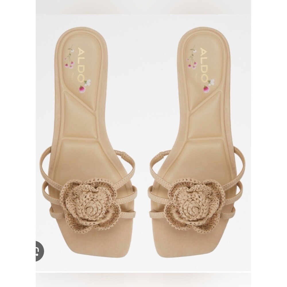 Aldo Wildbloom Crochet Flat Sandals size 10M Beige Flower Boho Slide Shoes